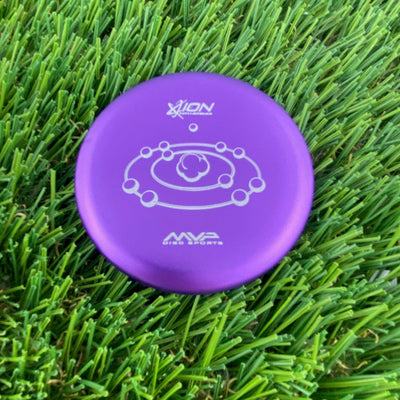 Vibrant purple MVP Ion Putter with a white planetary print and MVP Disc Sports logo.