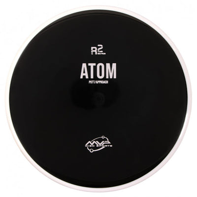 Circular black MVP R2 Neutron Atom disc golf putter with a white rim and central white branding.
