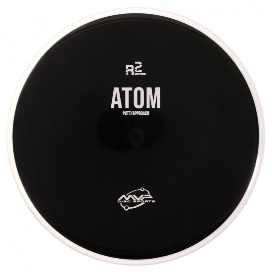 Circular black MVP R2 Neutron Atom disc golf putter with a white rim and central white branding.