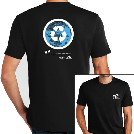 Black MVP R2 Neutron eco-conscious tee with a blue and white recycling logo on the back and a small R2 logo on the front.