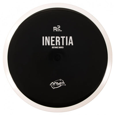 Black MVP R2 Neutron Inertia Distance Driver disc golf disc with a contrasting white rim.