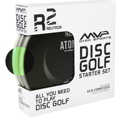 White MVP R2 Neutron Disc Golf Starter Set box featuring a glow-in-the-dark green disc.