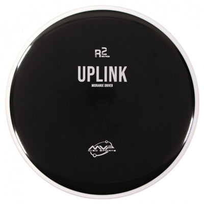 Black MVP R2 Neutron Uplink midrange driver disc golf disc with a white rim and silver lettering.