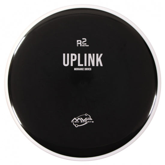 Black MVP R2 Neutron Uplink midrange driver disc golf disc with a white rim and silver lettering.