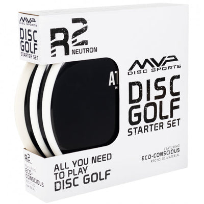 White and black MVP R2 Neutron Disc Golf Starter Set with three discs visible inside the product box.