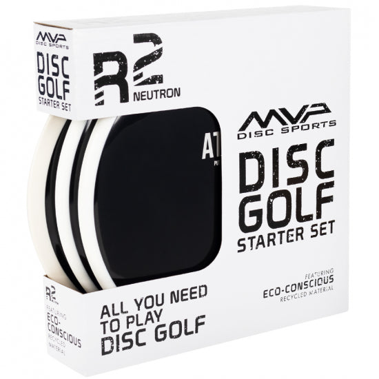 White and black MVP R2 Neutron Disc Golf Starter Set with three discs visible inside the product box.