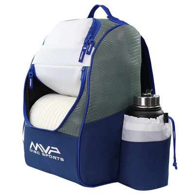 White, gray, and blue MVP Shuttle Backpack disc golf bag with a black water bottle in the side pocket.