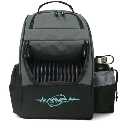 Gray and black MVP Shuttle disc golf backpack with zippered compartments, holding disc golf discs and a water bottle.