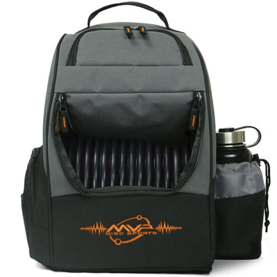Gray and black MVP Shuttle Starter Backpack with orange MVP logo and a full disc compartment.