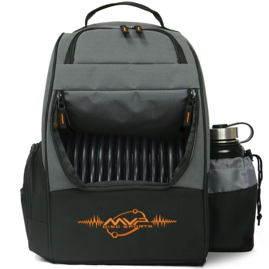 Gray and black MVP Shuttle Starter Backpack with orange MVP logo and a full disc compartment.