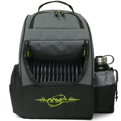 Gray and black MVP Shuttle disc golf backpack with lime green accents, an open disc compartment, and a bottle holder.