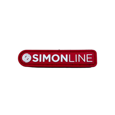 Red MVP Simon Line bar stamp rubberized PVC hook and loop patch with white text and logo.