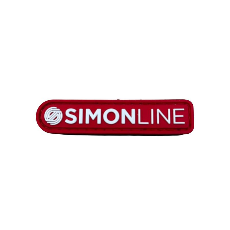 Red MVP Simon Line bar stamp rubberized PVC hook and loop patch with white text and logo.