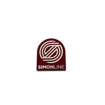 MVP Simon Line enamel pin with a maroon background and white "SIMONLINE" text, featuring a white S-shaped logo.