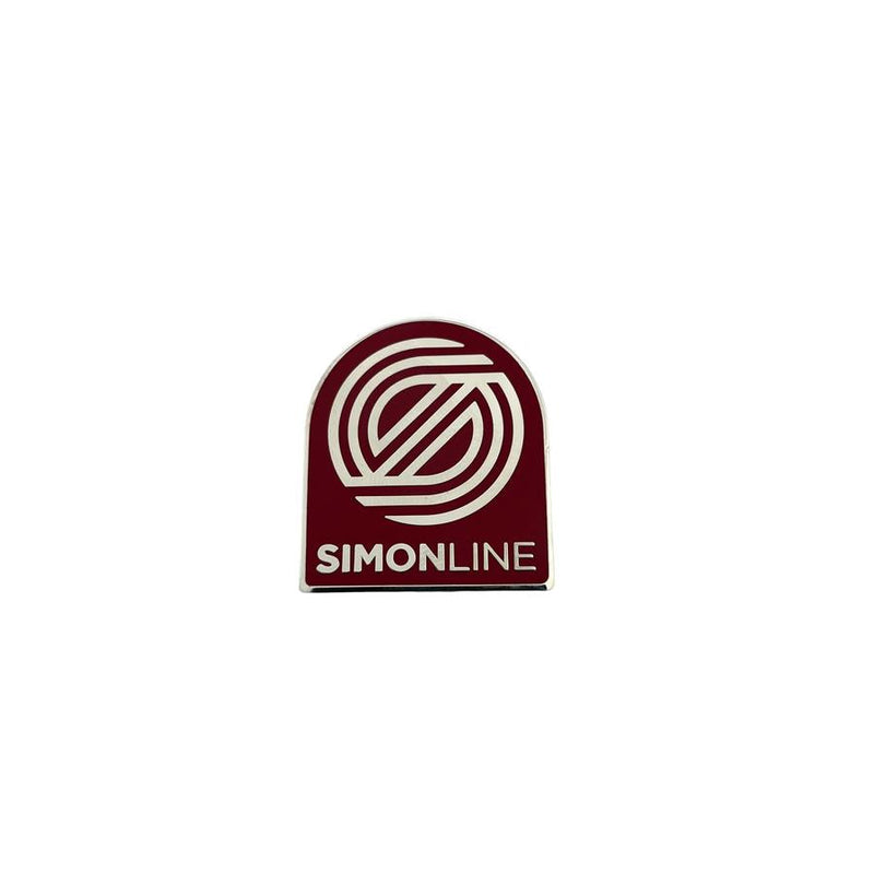 MVP Simon Line enamel pin with a maroon background and white "SIMONLINE" text, featuring a white S-shaped logo.