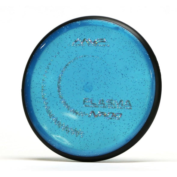 Sparkly blue MVP Nano Plasma mini marker disc golf disc with a black rim and silver text.