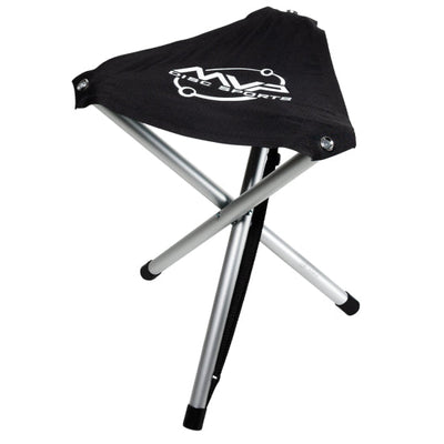 Black MVP Sports tripod stool with a white logo on the fabric seat and silver aluminum legs with black caps.