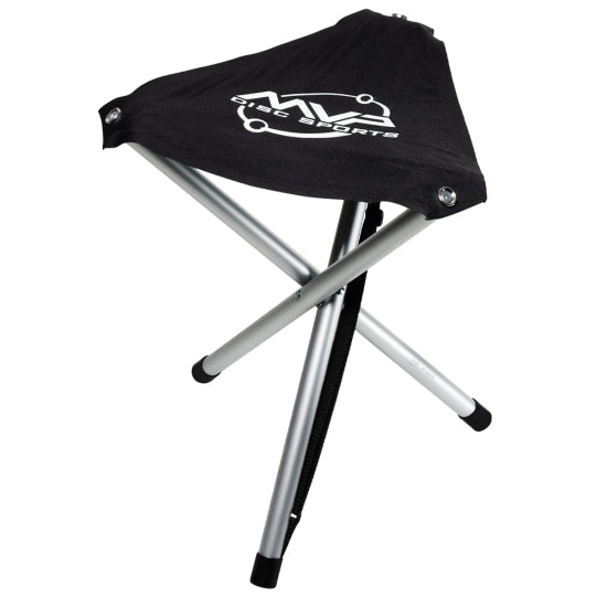 Black MVP Sports tripod stool with a white logo on the fabric seat and silver aluminum legs with black caps.