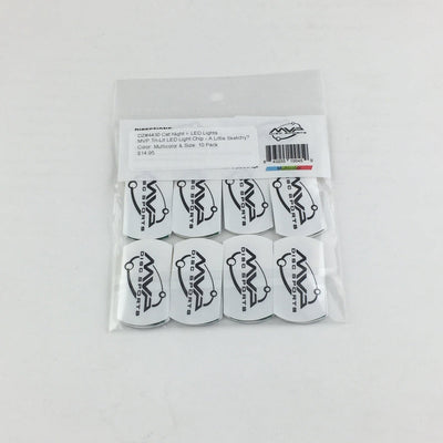 A clear plastic package holds ten MVP Tri-Lit LED light chips, each featuring a black MVP logo on a white oval.