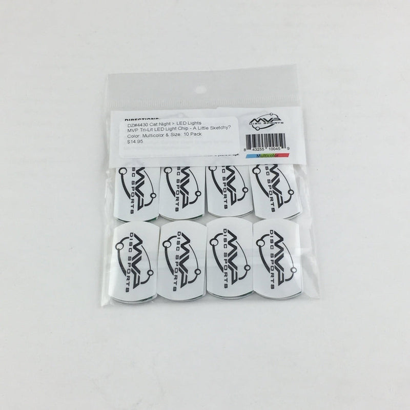 A clear plastic package holds ten MVP Tri-Lit LED light chips, each featuring a black MVP logo on a white oval.
