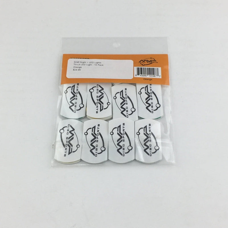 Clear plastic package containing ten white MVP Disc Sports Tri-Lit LED lights with black logos and orange labels.