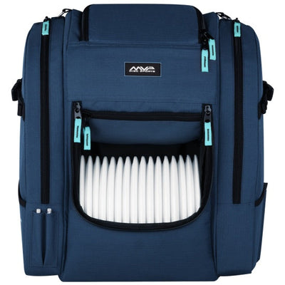 A mvp voyager lite blue disc golf backpack bag with numerous white discs visible in the lower front pocket.