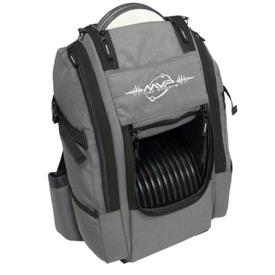 Grey MVP Voyager Slim V2 disc golf bag with twelve black discs visible in its main compartment.