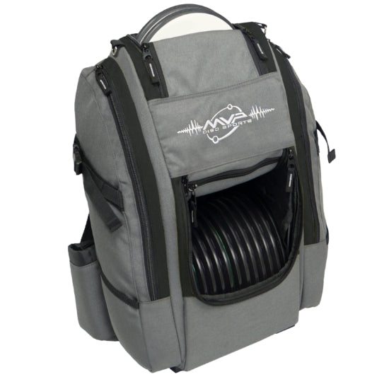 Grey MVP Voyager Slim V2 disc golf bag with twelve black discs visible in its main compartment.