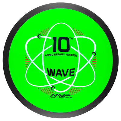 MVP Wave 10th Anniversary Edition disc in bright green with white atom-like rings and red accents, featuring a black rim.