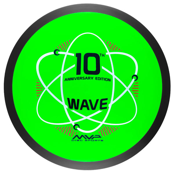 MVP Wave 10th Anniversary Edition disc in bright green with white atom-like rings and red accents, featuring a black rim.