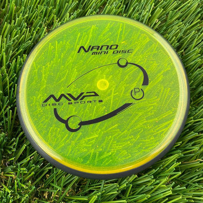 Yellow-green MVP Nano Proton Mini Disc with a black rim and black MVP Sport stamp.