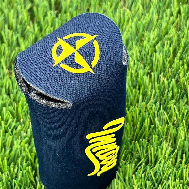 A navy blue innove tall coozie with a yellow innova crosshair logo and "innova" text on the side.