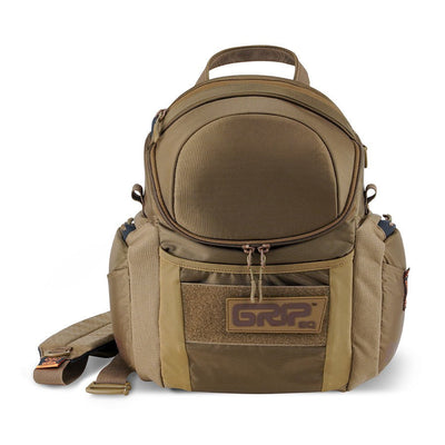 Olive green grip eq g2 series disc golf bag, with a top handle, front zipper pocket, and velcro patch for a logo.