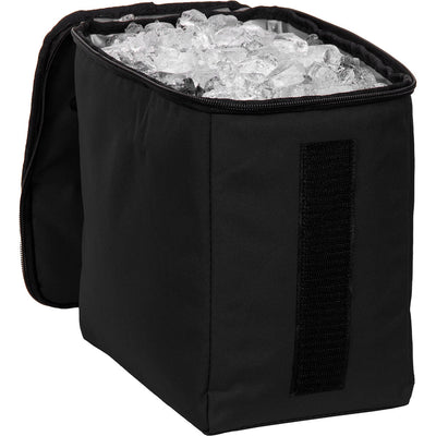 Open black dynamic discs soldier cooler disc golf bag full of ice against a white background.