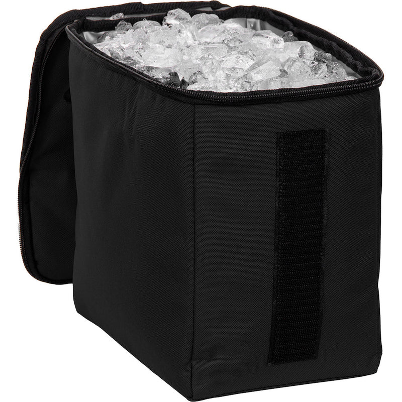 Open black dynamic discs soldier cooler disc golf bag full of ice against a white background.