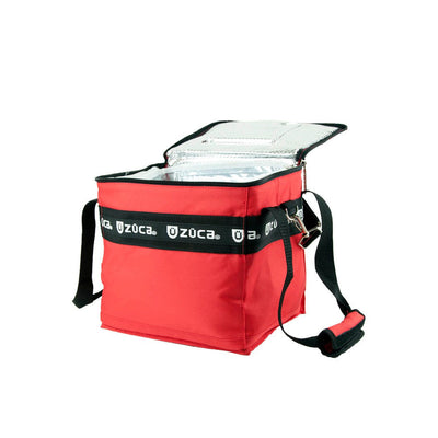 Open red cooler bag with a reflective silver interior, black zuca branded straps, and a shoulder strap.