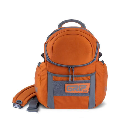 Orange grip eq g2 series disc golf bag with grey accents, zippers, and a grip.eq logo patch.