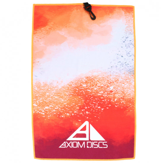 Orange and red axiom sublimated full-color towel with a black carabiner clip at the top left.