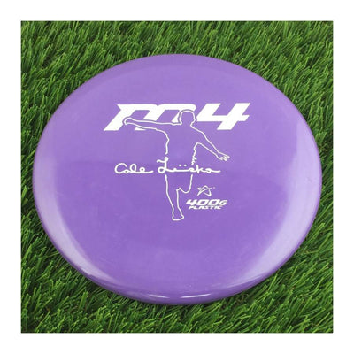 Solid purple Prodigy 400g M4 disc golf disc with a white Cale Leiviska 2021 Signature Series stamp.