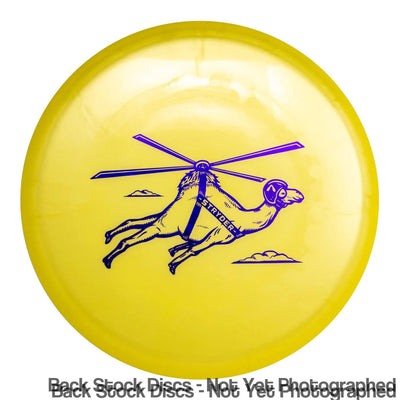 Yellow Prodigy 500 Stryder disc with a purple Airborn Proto Copter Camel stamp featuring a camel with a helicopter rotor.