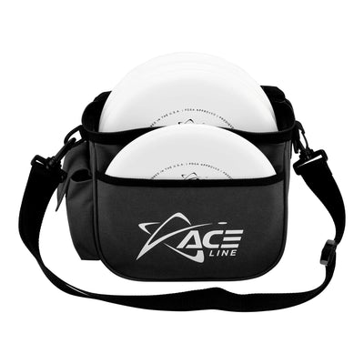 Black Prodigy Ace Line disc golf starter bag with white discs and an adjustable black shoulder strap.