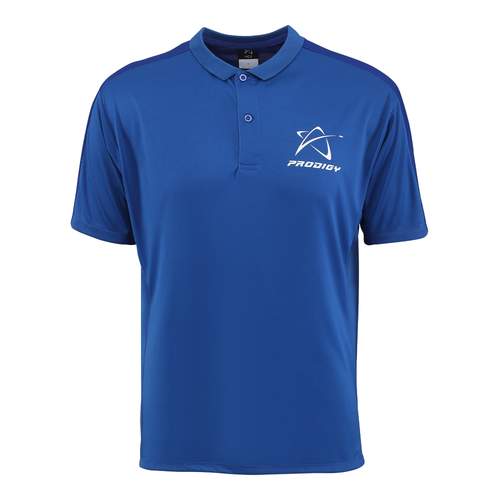 Royal blue Prodigy Ace polo shirt with short sleeves, a two-button placket, and a white Prodigy logo on the chest.