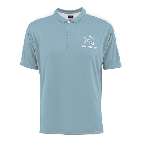 Light blue Prodigy Ace polo shirt with white shoulder panels, a two-button placket, and a white Prodigy logo.