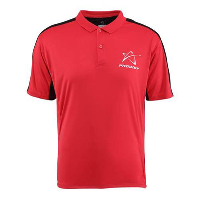 Red Prodigy Ace Polo shirt with black shoulder and side accents and the white Prodigy logo on the chest.