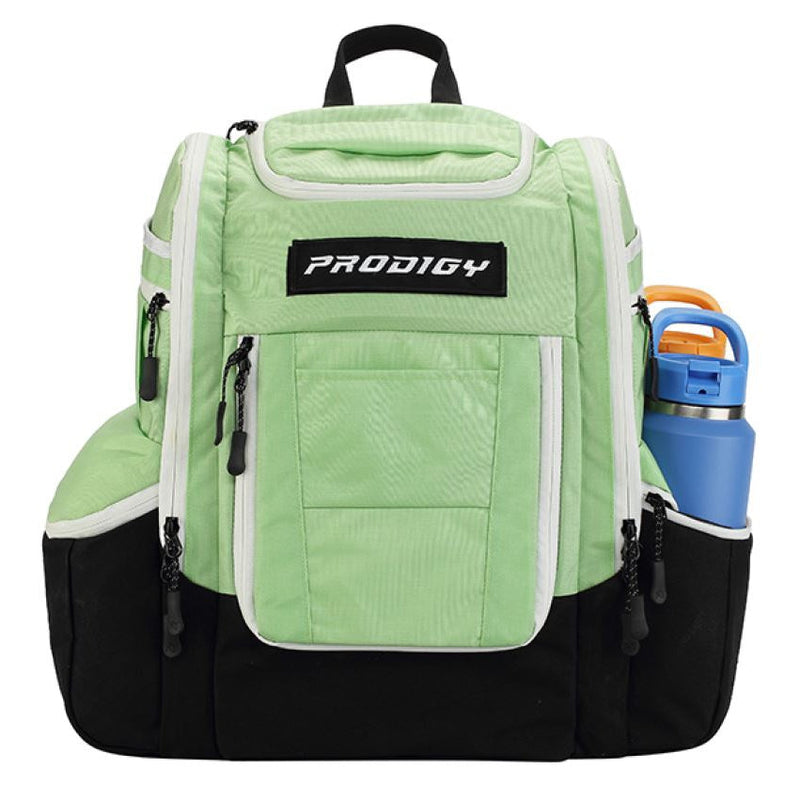 Prodigy Apex XL Luxury Bag in light green and black with white trim, featuring a blue water bottle.