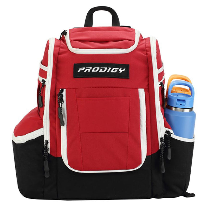 Prodigy Apex XL Luxury Bag is a red and black disc golf bag with white trim and a water bottle pocket.