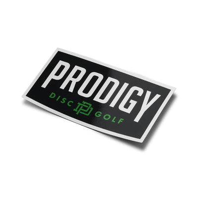 Rectangular Prodigy Disc Golf sticker with a black background, white "PRODIGY" lettering, and green text and logo.