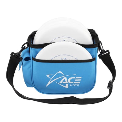 Blue Prodigy Ace Line disc golf starter bag with an adjustable black shoulder strap and three white discs inside.