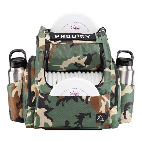 Green and brown camouflage Prodigy BP2V3 backpack with white discs, zippered pockets, and two stainless steel water bottles.