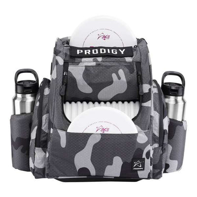 Prodigy BP2 V3 disc golf backpack in gray camouflage print with two water bottles and white discs.